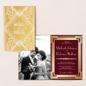 ブルゴーニュとゴールドフォイルのアールデコ結婚式招待状 箔カード (ディスプレー)