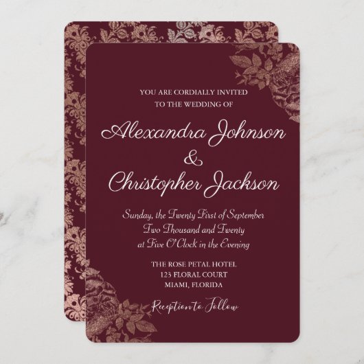 ブルゴーニュとゴールドフォイルフローラ結婚バラ 招待状 (正面/裏面)