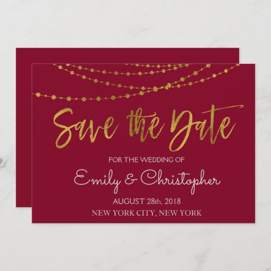 ブルゴーニュとゴールドフォイル日付を保存 セーブザデート (正面/裏面)