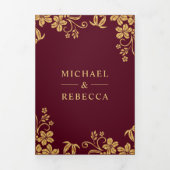ブルゴーニュとゴールドフォイル葉フローラズ結婚ズ 三つ折り招待状 (カバー)