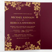 ブルゴーニュとゴールドフォイル葉フローラズ結婚ズ 三つ折り招待状 (内部最初)