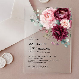 ブルゴーニュとサーモンピンクのバラのレトロエレガントな結婚式 アクリル招待状