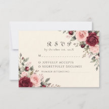 ブルゴーニュとサーモンピンクのバラの結婚式RSVPカード