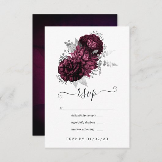 ブルゴーニュとシルバー結婚フローラ 出欠カード (正面/裏面)