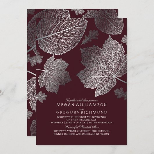 ブルゴーニュとシルバー離れのヴィンテージ秋の結婚式 招待状 (正面/裏面)