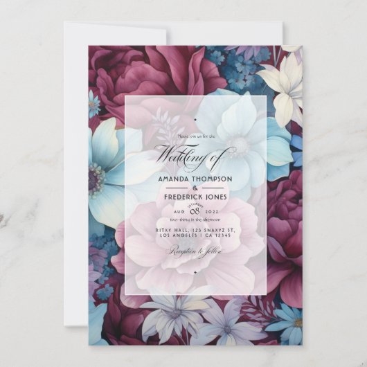 ブルゴーニュとダスティーブルー結婚フローラ 招待状 (正面)