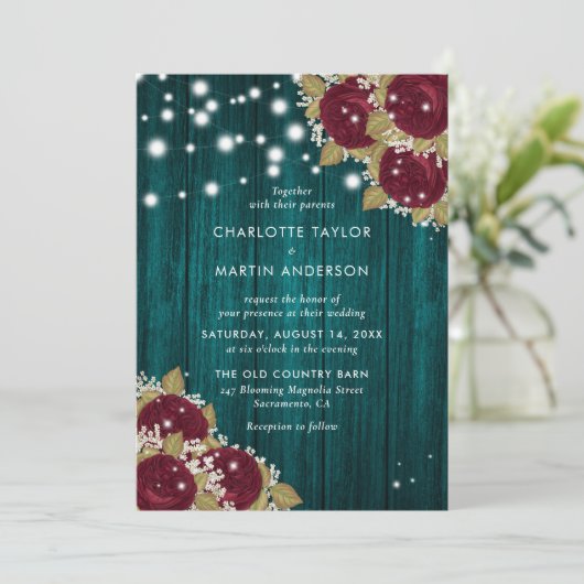 ブルゴーニュとティール(緑がかった色)ウッドライトフローラ 招待状 (スタンド正面)