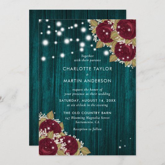 ブルゴーニュとティール(緑がかった色)ウッドライトフローラ 招待状 (正面/裏面)