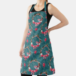 ブルゴーニュとティール（緑がかった色）クリスマスリースと（鳥）ショウジョウコウカンチョウ エプロン