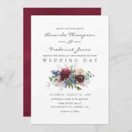 ブルゴーニュとネイビーのフローラの結婚水色 招待状