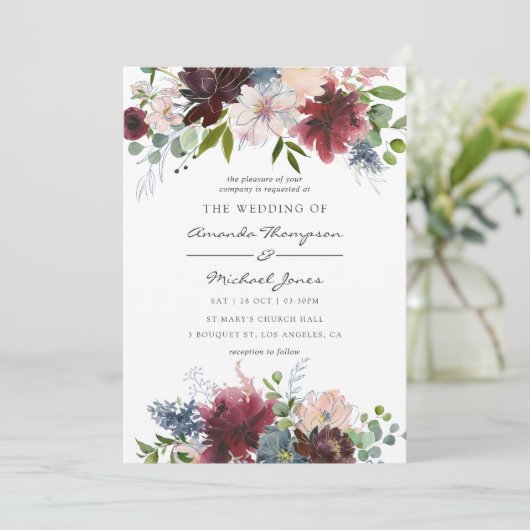 ブルゴーニュとネイビーのフローラの結婚水色 招待状 (スタンド正面)