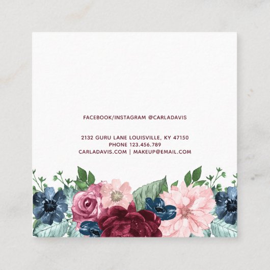 ブルゴーニュとネイビーのフローラエレガントメイクアップアーティスト スクエア名刺 (裏面)