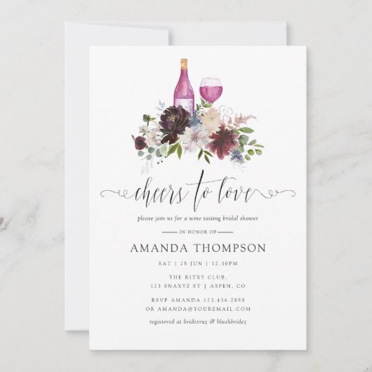 ブルゴーニュとネイビーのブライダルシャワーワインテイスティング 招待状 (正面)