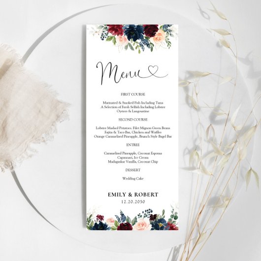 ブルゴーニュとネイビーのブライダルシャワー メニュー