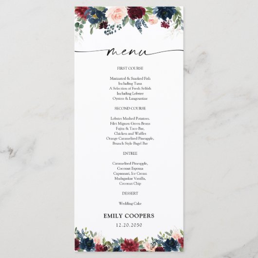 ブルゴーニュとネイビーのベビーシャワーメニュー メニュー (正面)