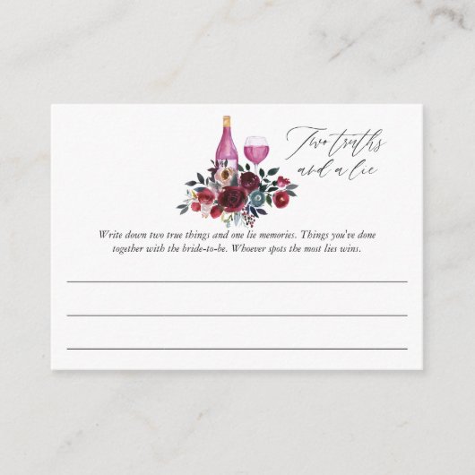 ブルゴーニュとネイビーのワインの試飲ブライダルシャワーゲーム エンクロージャーカード (正面)
