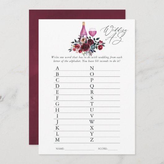 ブルゴーニュとネイビーのワインの試飲ブライダルシャワーゲーム 招待状 (正面/裏面)