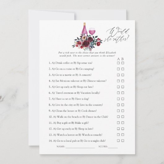 ブルゴーニュとネイビーのワインの試飲ブライダルシャワーゲーム 招待状 (正面)