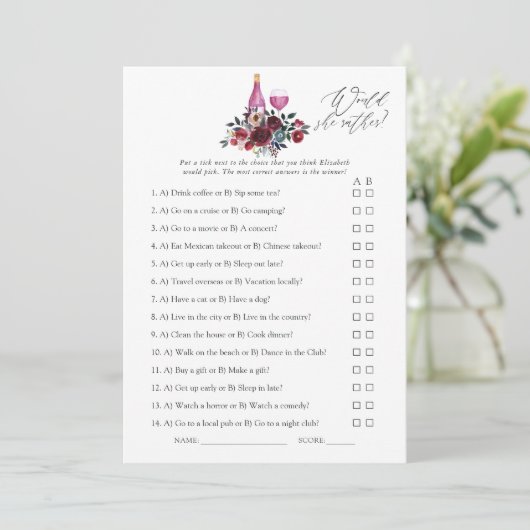 ブルゴーニュとネイビーのワインの試飲ブライダルシャワーゲーム 招待状 (スタンド正面)