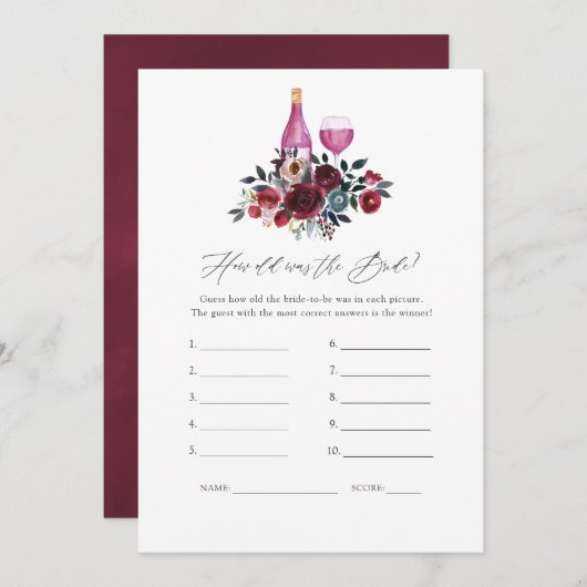 ブルゴーニュとネイビーのワインの試飲ブライダルシャワーゲーム 招待状 (正面/裏面)