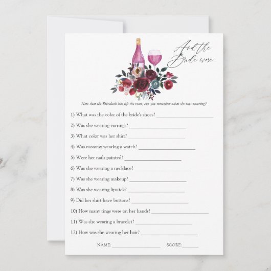 ブルゴーニュとネイビーのワインの試飲ブライダルシャワーゲーム 招待状 (正面)