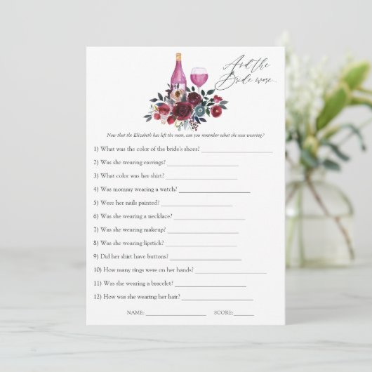 ブルゴーニュとネイビーのワインの試飲ブライダルシャワーゲーム 招待状 (スタンド正面)