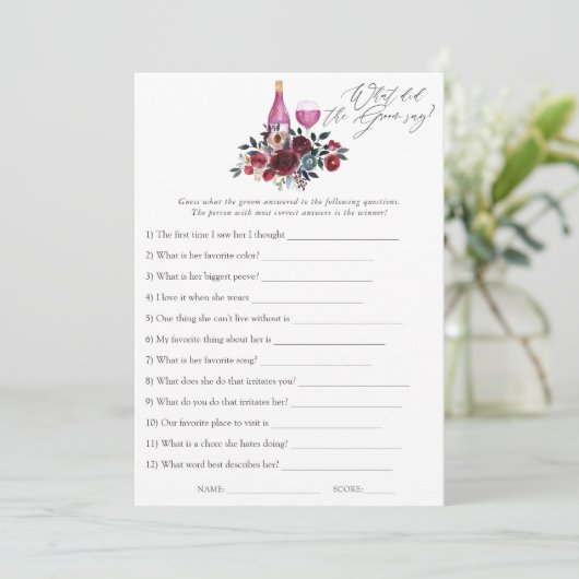 ブルゴーニュとネイビーのワインの試飲ブライダルシャワーゲーム 招待状 (スタンド正面)