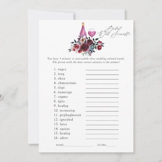 ブルゴーニュとネイビーのワインの試飲ブライダルシャワーゲーム 招待状 (正面)