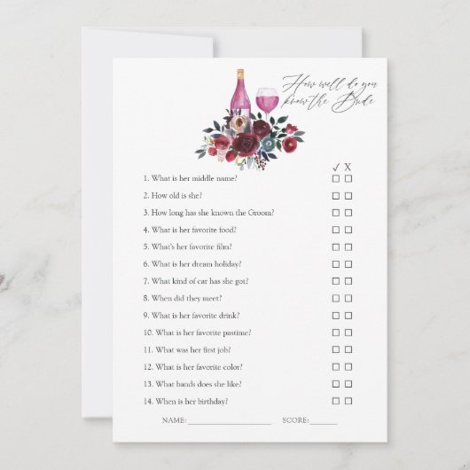 ブルゴーニュとネイビーのワインの試飲ブライダルシャワーゲーム 招待状 (正面)