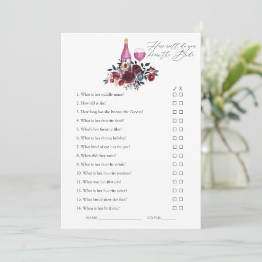 ブルゴーニュとネイビーのワインの試飲ブライダルシャワーゲーム 招待状 (スタンド正面)