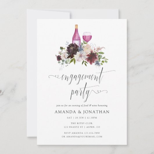 ブルゴーニュとネイビーの婚約パーティワインテイスティング 招待状 (正面)