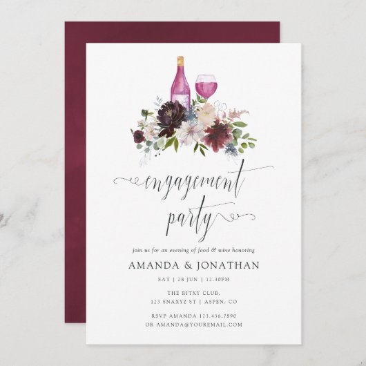 ブルゴーニュとネイビーの婚約パーティワインテイスティング 招待状 (正面/裏面)
