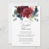 ブルゴーニュとネイビーの水の色のフローラ結婚 招待状 (正面)