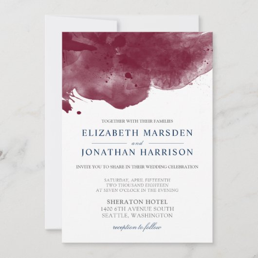 ブルゴーニュとネイビーの水モダン色結婚の 招待状 (正面)