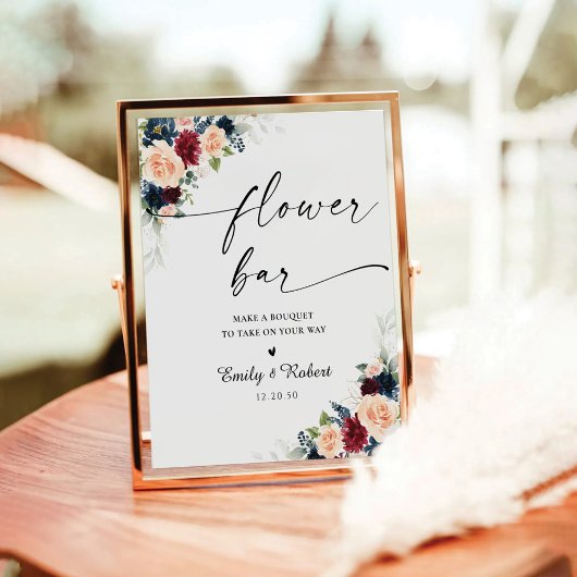 ブルゴーニュとネイビーの花のバー標識 台座サイン