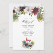 ブルゴーニュとネイビーピーコックワイン結婚をテーマにしたInvi 招待状 (正面)