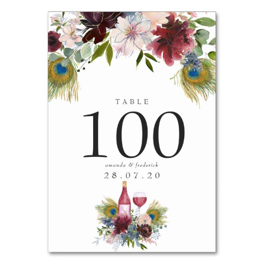 ブルゴーニュとネイビーピーコックワイン結婚テーマ テーブルナンバー (正面)