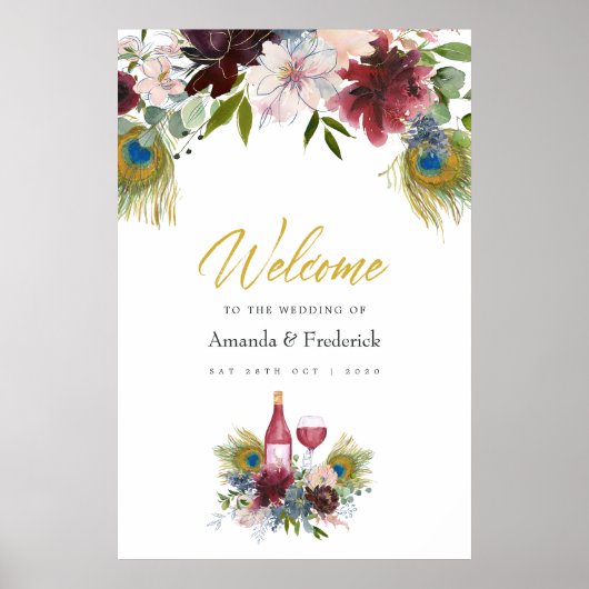 ブルゴーニュとネイビーピーコックワイン結婚テーマ ポスター (正面)