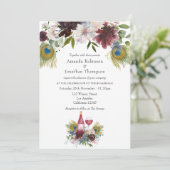 ブルゴーニュとネイビーピーコックワイン結婚テーマ 招待状 (スタンド正面)