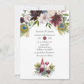 ブルゴーニュとネイビーピーコックワイン結婚テーマ 招待状 (正面)