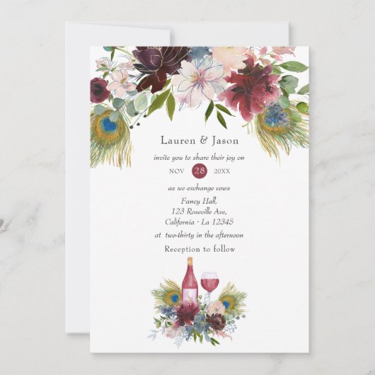 ブルゴーニュとネイビーピーコックワイン結婚テーマ 招待状 (正面)