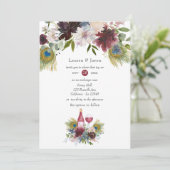 ブルゴーニュとネイビーピーコックワイン結婚テーマ 招待状 (スタンド正面)