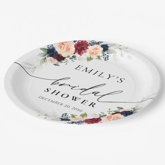 ブルゴーニュとネイビーブライダルシャワー紙プレート ペーパープレート (アングル)