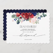 ブルゴーニュとネイビーブルーのフローラが私の花嫁になる 招待状 (正面/裏面)