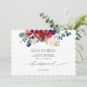 ブルゴーニュとネイビーブルーのフローラが私の花嫁になる 招待状 (スタンド正面)