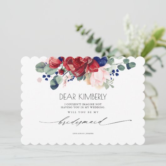 ブルゴーニュとネイビーブルーのフローラが私の花嫁になる 招待状 (スタンド正面)