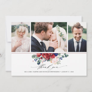 ブルゴーニュとネイビーブルーのフローラ結婚の3枚の写真 サンキューカード
