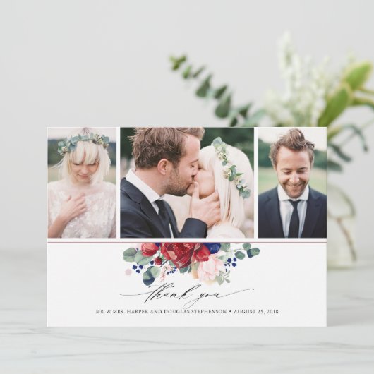 ブルゴーニュとネイビーブルーのフローラ結婚の3枚の写真 サンキューカード (スタンド正面)