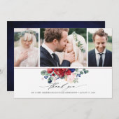 ブルゴーニュとネイビーブルーのフローラ結婚の3枚の写真 サンキューカード (正面/裏面)