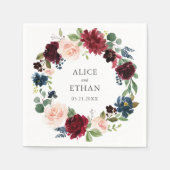 ブルゴーニュとネイビーブルーのフローラ結婚ズ スタンダードカクテルナプキン (正面)